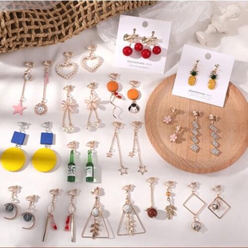 JIOFREE 2020 New Korean Geometric Long Pearl Clip on Earrings Without Piercing for Women OL Style Sweet Party Jewelry Gift