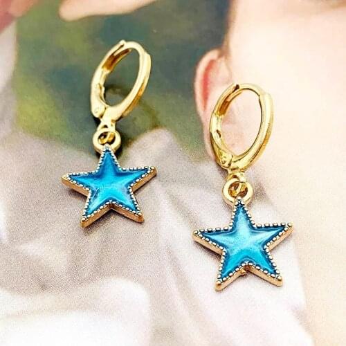 JOUVAL New Korean Japan Sweet Hoop Earring For Women Girl Blue Star Brincos Vintage Boho Cute Round Hoops Fashion Jewelry 2021