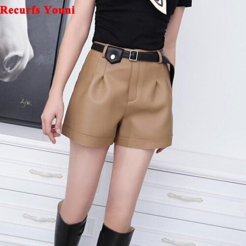 Harajuku Shorts Women Female Genuine Leather European Elastic Waist Contrast Belt Casual Pants Sexy Mini Calzones Mujer