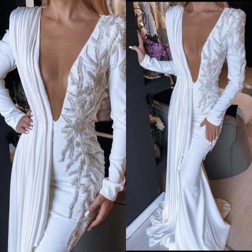 Pearls Heavy Beading Robes De Mariée 2021 Sexy Plunging V Neck Long Sleeves Bridal Dresses Pleats Satin Long Mermaid Wedding Gow