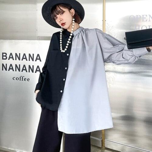 Johnature Fashion New Patchwork Irregular Women Shirts 2021 Casual All Match Loose 3 Colors Button Pockets Female Blouses