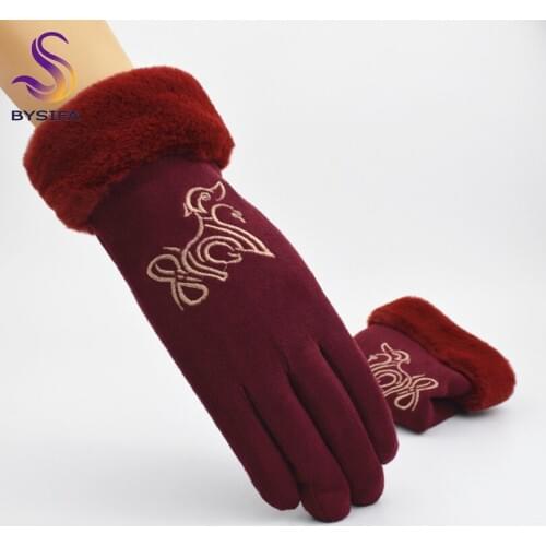 [BYSIFA] New Cute Dog Design Women Gloves Winter Fashion Animal Embroidery Full Fingers Gloves Warm Rabbit Hair Mitten Gloves