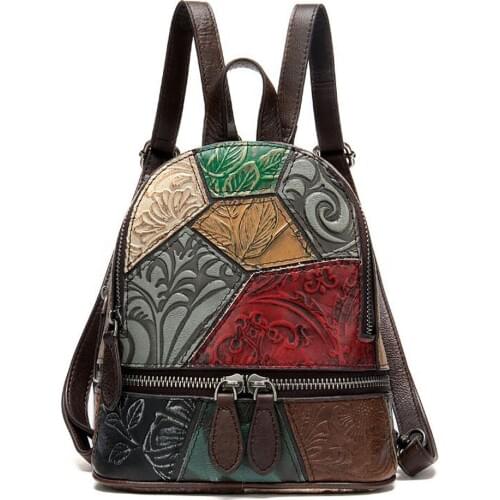 Floral Women Backpack Genuine Leather Female Backpack for School Bag for Girl Vintage Knapsack Small/Mini Backpacks Rucksack Wo