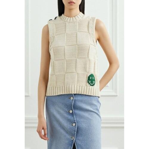 Women O-Neck Sleeveless Knitted Vest Sweater 2021 Autumn Smiley Face Jacquard Knitwear Shoulder With Buttons Ladies Pullover Top