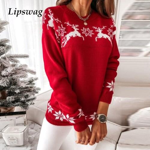 Elegant Jacquard Knitted Sweater Women 2021 Winter Christmas Print O-Neck Pullover Tops Female Fashion Long Sleeve Loose Jumpers