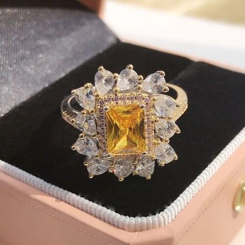 Luxury Sterling Silver 925 Square Cut Yellow Sapphire Water Drop Cut Women Ring Fine Jewelry