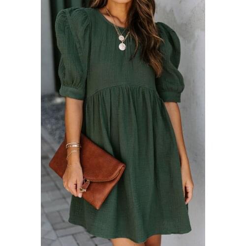 Pink/Gray/Green Pocketed Puff Sleeve Empire Waist Swing Short Dress for Women