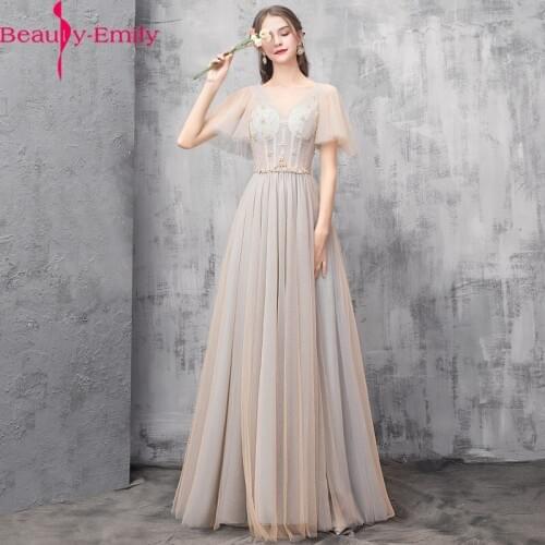 Beauty Emily Evening Dresses Sexy V Neck Half Sleeve Evening Gowns Elegant Lace Beading Champagne Formal Dress Robe De Soiree