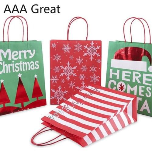 120Pcs/Lot Handles Gift Paper Bags Party Kraft Paper Christmas Chocolate Packaging Shopping Bags New Year Pouches Party Supplies