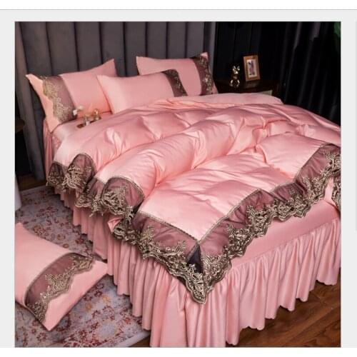 2021 Light Luxury Embroidery Four-piece Set Washed Silk Bed Skirt Set Four-piece Ice Silk Lace Sheet Set