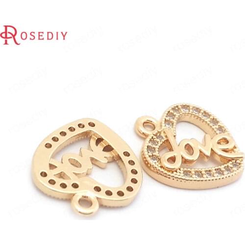 38556)6PCS 13x14.5MM 24K Champagne Gold Color Brass and Zircon Heart LOVE Charms Pendants High Quality Jewelry Making Supplies