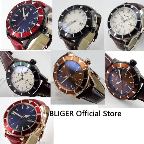 BLIGER 46mm White Big Face Black Rotating Bezel Steel Case Luminous Pointer Auto Date Automatic Movement Mens Watch