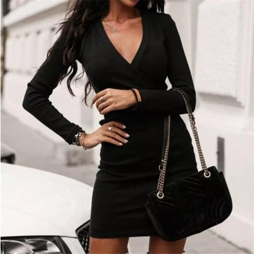 Black Sexy Slim Fit Party Dress Ladies Solid Bodycon Mini Dress Spring Autumn Long Sleeve Women Elegant Short Dress