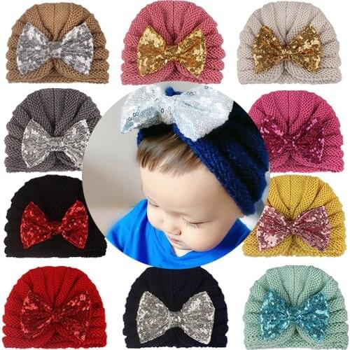 Baby Solid Boys Girls Knitted Sequined Bow Knot Hat Children Infant Beanies Caps Girls Boys Cute Warm Winter Autumn Hats 0-4Y