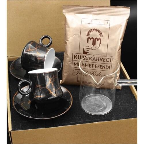 Bilateral Marble Patterned Porcelain Turkish Coffee Cup Set & Glass Coffee Pot & Turkish Coffee Gift Set