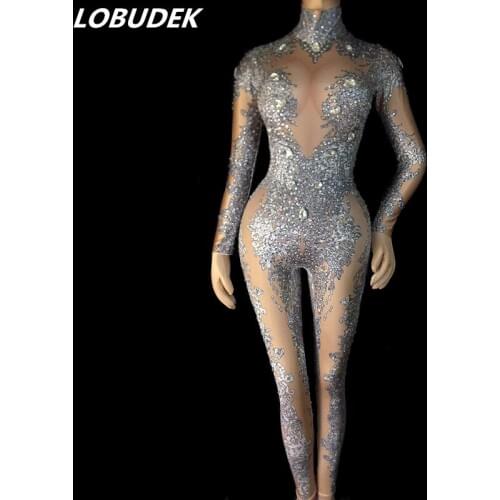 3D Printed Silver Rhinestones Elastic Jumpsuit Sexy Nightclub Bar DJ Singer Pole Dancing Costume Models Catwalk Stage Bodysuit