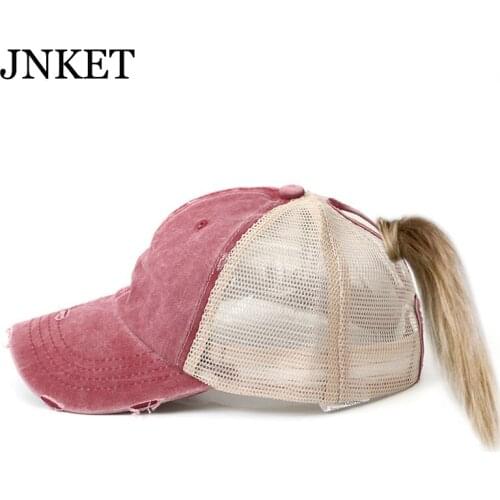 JNKET New Fashion Washed Fabric Women Ponytail Baseball Cap Breathable Mesh Cap Snapbacks Hats Summer Hat Outdoor Sports Sunhat