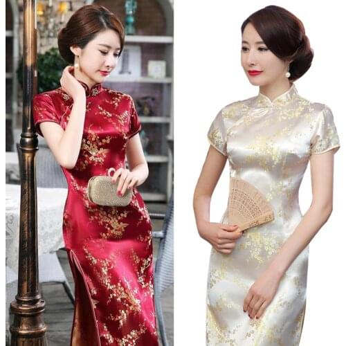 HOT SALE Chinese traditional style Women Long Cheongsam Bridesmaid Evening Dress Cheongsam Vintage Plum Blossom side slit design
