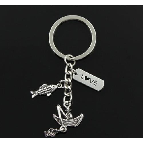 Fashion 30mm Key Chain Keychain Jewelry Silver Color Fisherman Boat Love Fishing Fish Pendant
