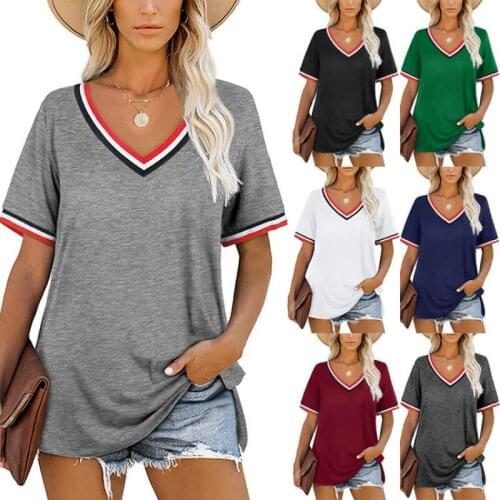 2021 Summer New Style V-Neck Stripe Stitching Short-Sleeved Semi-Long Loose T-Shirt Womens Clothing