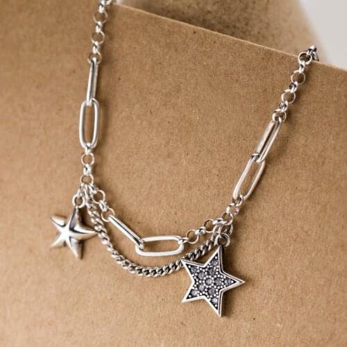 Wholesale Vintage Retro Hip Hoop S925 Sterling Silver Star Pendant Necklaces Choker Statement Chain Necklaces Jewelry Gifts