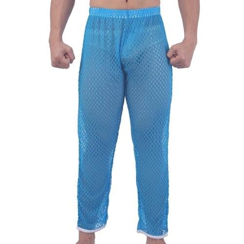 Mens Sexy Transparent Mesh Grid Pants Men Pajama Pants Man See Through Full Length Pants Trousers Nightwear Sleep Bottoms