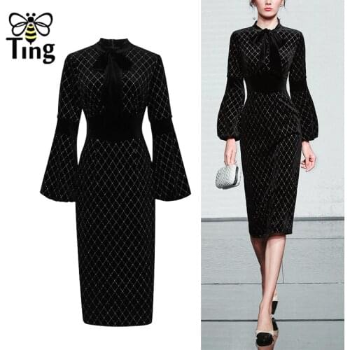 Tingfly Designer Runway Lantern Sleeve Black Velvet Party Dinner Dresses Slim Luxury Glitter Plaid Casual Dress Elbise Zaful
