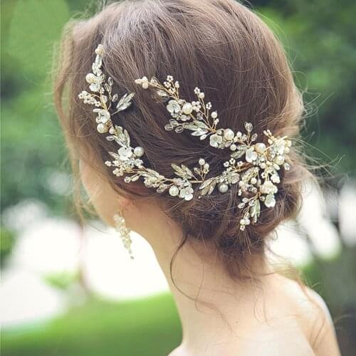 Luxury Handmade Pearl Rhinestone Clip Headband Hair Accessories Bride Tiara Headband Wedding Accessories Light Golden