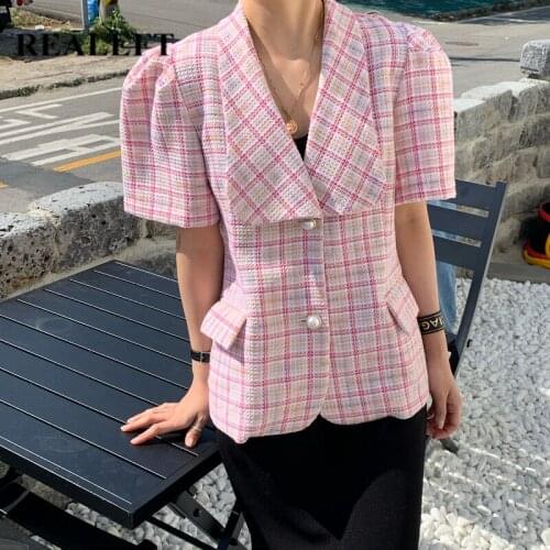 REALEFT Summer 2021 New Single Breasted Classic Plaid Womens Blazer Puff Sleeve Turn Down Collar Jacket Office Outwear Female