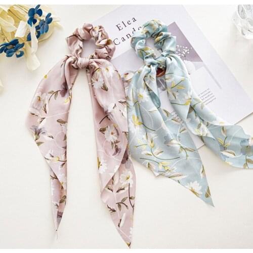 Fashion Women Streamers Scrunchies Floral Print Elastic Bow Hair Rope Girls Hair Ties Korean Sweet Hair Accessories Headwear