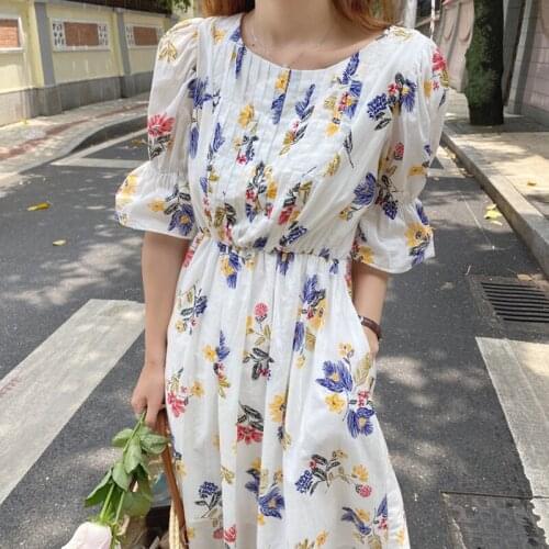 Snordic Women Autumn Vintage Round Collar Elastic Waist A-line Long Flower Dress Crimp Pleat Flare Sleeve Dress with Pockets