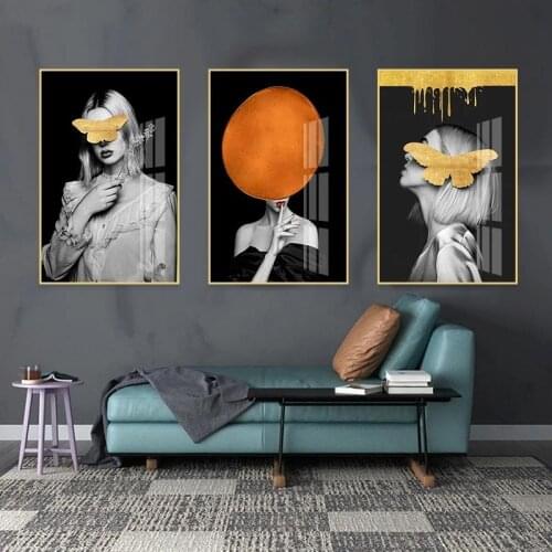 Modern Canvas Painting Fashion Woman Poster Abstract Wall Art Gold Butterfly Orange Hat Beauty Picture Home Decor Living Room
