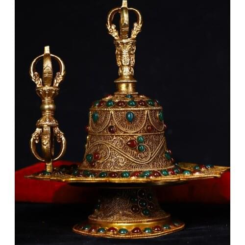 9" Tibet Buddhism Old Tibetan silver Gilt Mahakala head statue Old rattle Vajra Lotus Terrace Bells Dorje Vajra Phurpa Exorcism