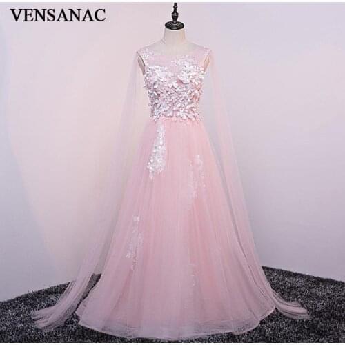 VENSANAC Crystal O Neck Flowers Appliques A Line Long Evening Dresses 2018 Elegant Lace Backless Party Prom Gowns