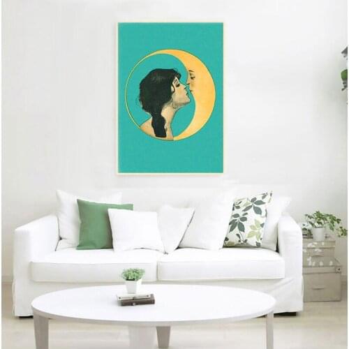 Vintage Girl Kissing Moon Canvas Art Print Man in the Moon Art Decor Antique Moon Face Wall Art Poster Picture Canvas Painting