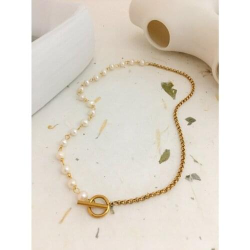 Monlansher Vintage Fashion Mixed Splicing Titanium Steel Chain Necklace Natural Pearls Necklace Elegant Delicate Collars Jewelry