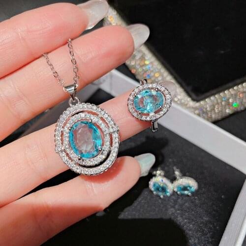 Brilliant Cubic Zirconia Jewelry Set Luxury 925 Silver Sea Blue Zircon Crystal Opening Ring Earring Necklace Accessories Gift