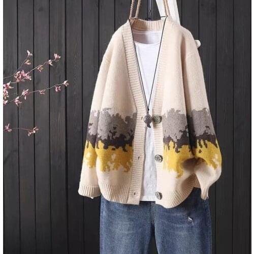 Retro knitted cardigan jacket long-sleeved V-neck ladies 2021 new ethnic style jacket jacquard loose sweater casual all-match