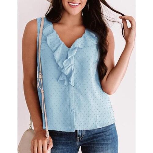 Loose 2XL Plus Size Ruffles Casual Blusas Mujer De Moda 2021 Verano Elegantes Summer V-Neck Women Sleeveless Blouse G2694