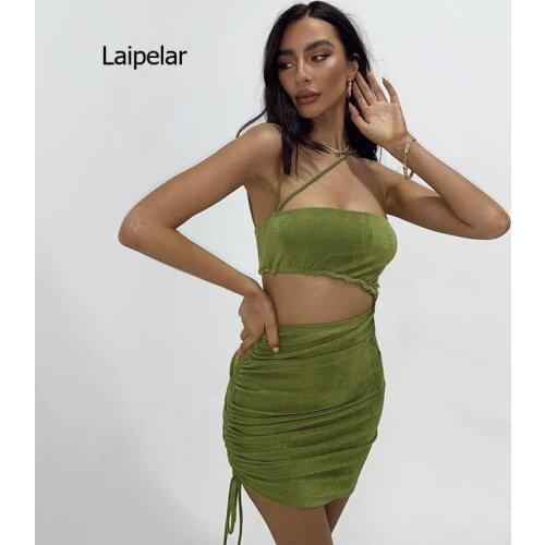 Womens 2021 New Summer Fashion Sexy Side Hollow Out Green Drawstring Party Street Causal Wear Dress