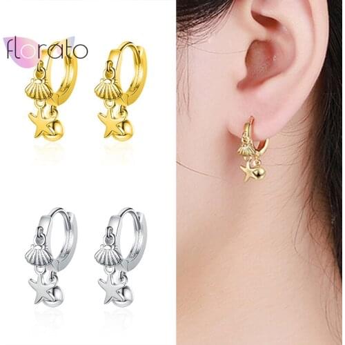 925 Sterling Silver Ear Buckle Round Bead Earrings For Women Creative Starfish Shell Hoop Earrings Bohemia Jewelry Fashion Gift