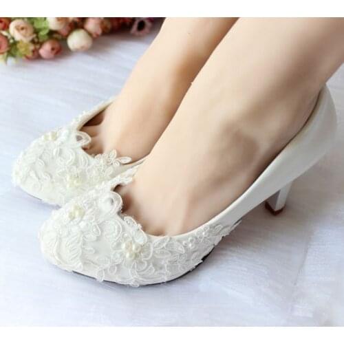 Ivory lace pearls wedding shoes women plus sizes custom handmade small big sizes female bridesmaid bridal shoes