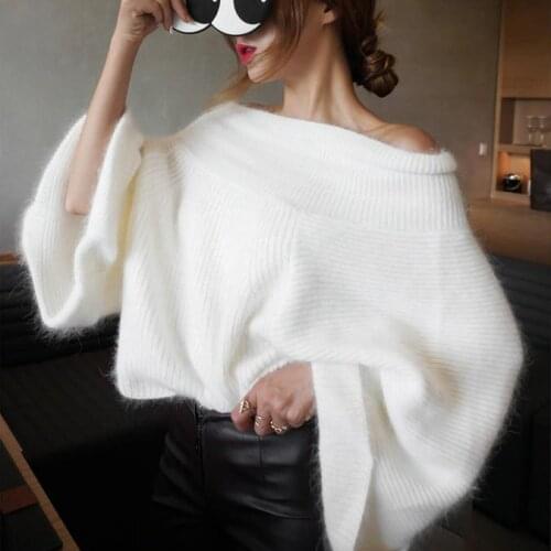 Free Shipping autumn winter women fashion sweater slash neck off shoulder flare sleeve ladies sweater pullover soft knitwear