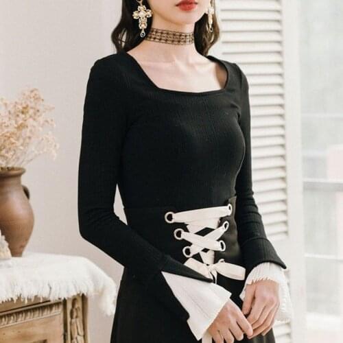 Black Vintage Gothic Knitted Sweater Women Ruffles Chic Slim Korean Party Tops Casual Evening Long Sleeve Clothing 2021 Autumn