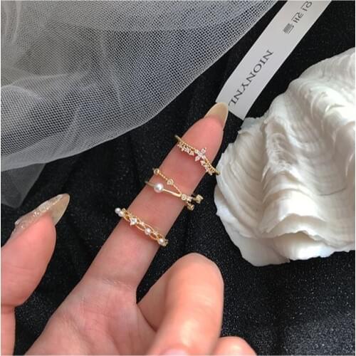 Sweet 3A Zircon Flower Adjustable Open Pearl Rings for Women Delicate 14K Gold Wedding Rings for Girls Pretty Jewelry Matching