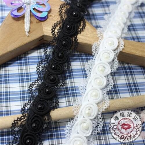 5yards/lot 3cm White Beaded Lace Trim Fake Pearls Lace Collar Black DIY Embroidered Lace Costume Sewing Accessories Fabric