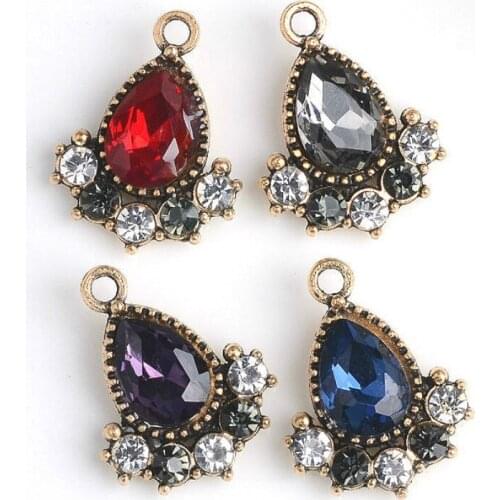 50pcs 4colors teardrop Rhinestone Flower DIY Jewelry Bracelet Necklace Pendant Charms gunmetal Tone crystal Charm
