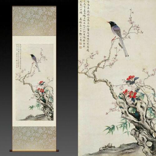 Asian Silk Scroll Picture Scroll Wall Scroll Calligraphy Hanging Artwork (bird)