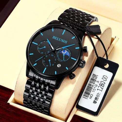 2021 New Fashion Mens Watches Top Brand Moon Phase Clock Full Steel Waterproof Luminous Sports Men Chronograph Business Watches