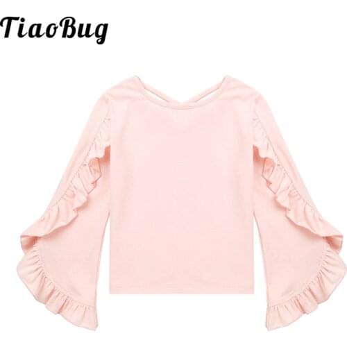TiaoBug Kids Teens Solid Color Flare Long Sleeve Top for Girls Ballet Jazz Dance Stage Performance Workout Gymnastics Dance Wear